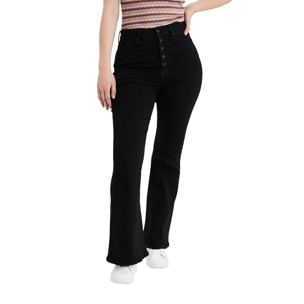 American Eagle Curvy Highest Rise Black Flare Jeans Button Fly Minimalist